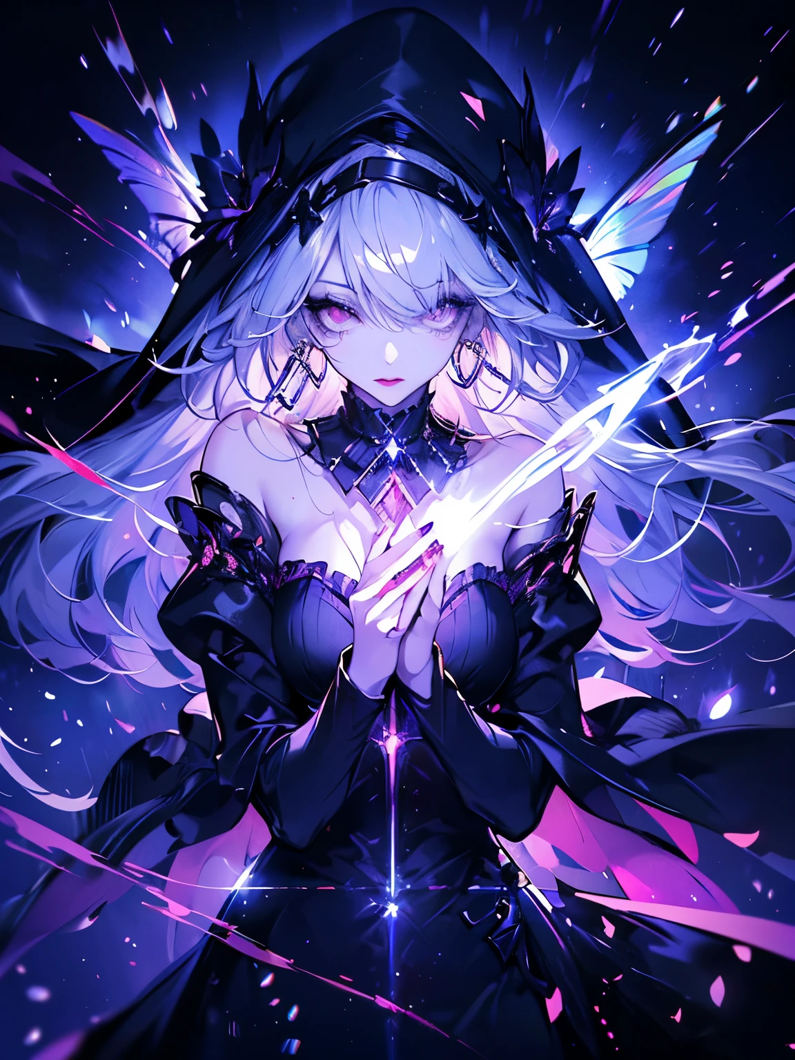 (((Very detailed, 8K quality))),,Hair above one eye, Red eyes, Clear Eyes, choker,Dark atmosphere,Nuns,Silver Hair,Long Hair,Red butterflies flutter,Red Moon,night,Dark Clouds,Vampire Hunter,nails are red,View from the front ,Anime Style, Movie Portrait Photography,椅子にsit、Red eyesの背景, Big and ample breasts,, (Scarlet Hair), Long Hair, Purple eyes, (Natural skin texture Sharp details, Surreal, (Realistic eyes, Natural skin texture, Realistic facial details), Written boundary depth, Bokeh, Sharp details, Surreal, 35mm film, Blurred, ,lipstick, ear piercing, eye shadow, Hoop Earrings, Red pink lips, 多色のRed eyes, Purple Theme,Wear an iridescent aura,Beautiful Eyes,Standing in front of the red gate、Leaning forward,drooping bangs,sit,Shoot the gun from the front,Composition looking up from below,Waist full body composition