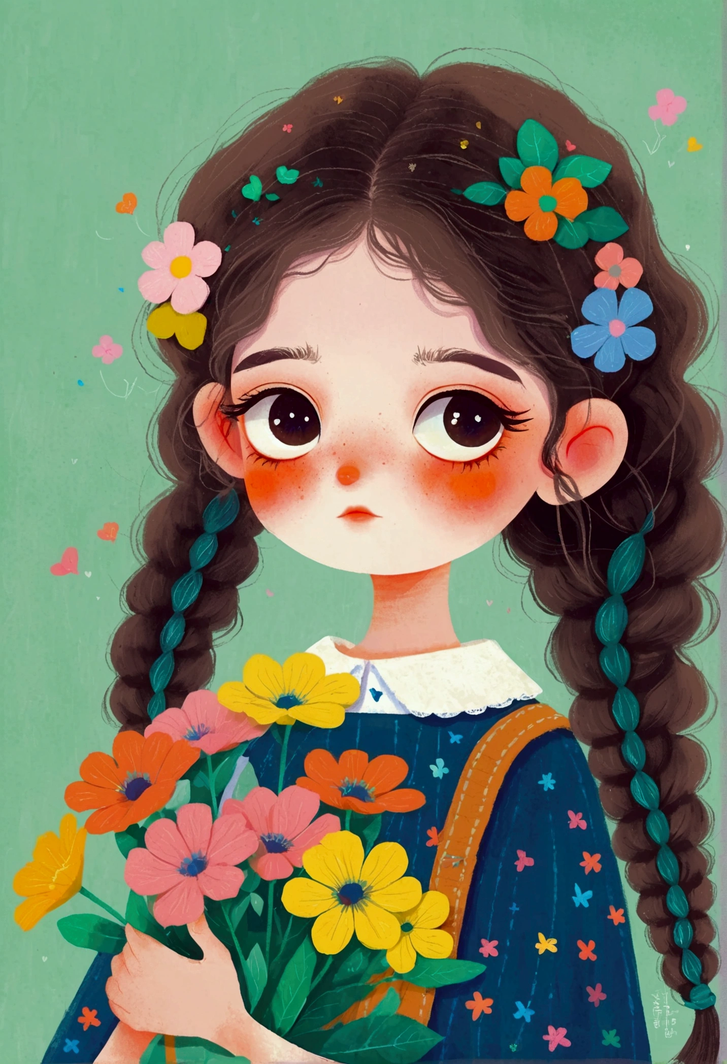 Illustration of a little girl holding flowers, big eyes,Braids,Fluffy hair。The art of math ,Hot trends, The art of math, Digital illustration style, The art of math. The art of math illustration,Cute illustrations,