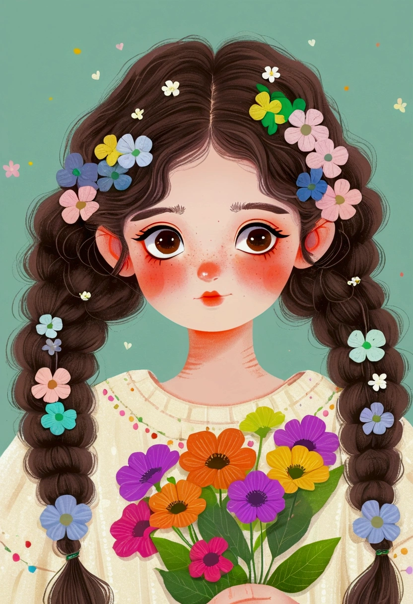 Illustration of a little girl holding flowers, big eyes，Braids，Fluffy hair。The art of math ，Hot trends, The art of math, Digital illustration style, The art of math. The art of math illustration,Cute illustrations,