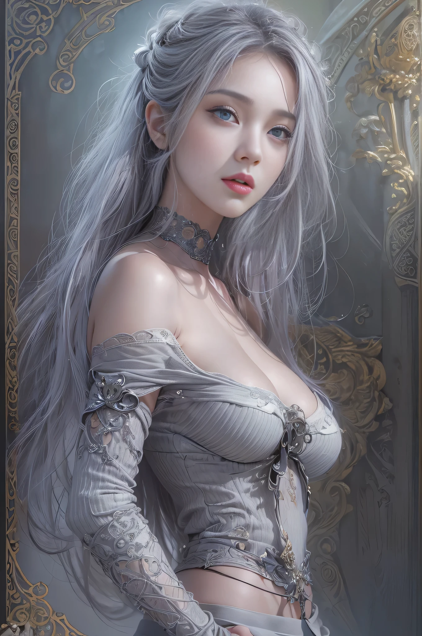 ((masterpiece:1.4)、(Highest quality:1.4)、(Realistic:1.7))、by Luis Royo(by Luis Royo)Surreal portrait of a beautiful girl、Super Beauty、((One Girl:1.4))、Glowing, natural skin texture、author:by Luis Royo(by Luis Royo)、Age 19、(Two Arms:1.4、Two legs:1.4)、(Perfect Anatomy:1.4)、(Perfect female body:1.4)、Portrait of a girl、Close-up photo、Full body photography、((Woman lying in the palace))、((Tabletop:1.4), (Highest quality:1.4), (Realistic:1.7), by Luis Royo, beautiful girl, Super Beauty, ((One Girl:1. 4), Glowing, natural skin texture, author: by Luis Royo, 19 years old, (Perfect female body: 1.4), (Perfect female body: 1.) 4), Portrait of a girl, Close-up photo, (Full body photo), Fantasy art, Soft Front Light, Beautiful expression, Cute Face, Beautiful breasts, Big Full Breasted: 1. 2, Beautiful ass, Beautiful Eyes, Clear and eye-catching, Beautiful and attractive, Beautiful Eyes, Narrow waist, RAW Photos, Red lips, ((Gray Hair, Long Hair)) , 1 Screen display, ),((Off-the-shoulder hand-knitted sweater))、((Black tight skirt))、 (Sexy posture), (Milky Way in the sky),((Thong Panties))、((Black garters and garter belts))、(Laughter)、((Vaginal orchid))、(())