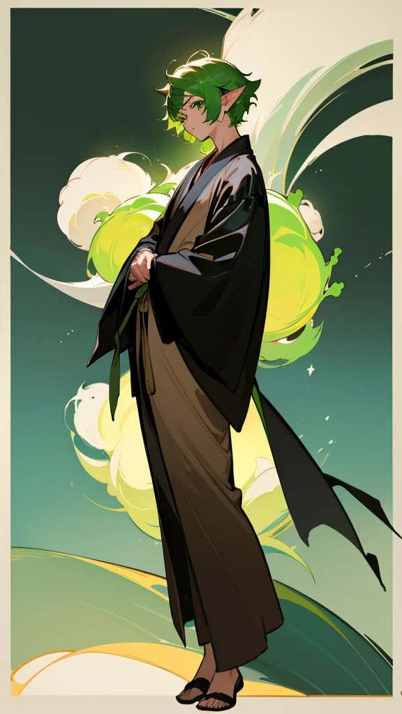 masterpiece, best quality,8k, perfect face,1boy, ouji ta, prince, elf ears, short hair, green hair, fluffy hair, tan skin, full body, 1boy, green eyes, (
black robe:1.2), (adoptable character:1.0), Sea background, solo.