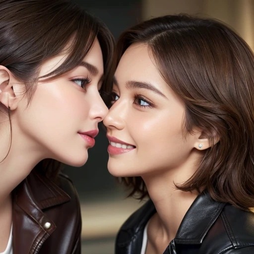 Close-up on the face, blurred background. Breathtaking cinematic photo of a 30 year old girl with Brown hair and eyes, happy face, smile, cheerful, content, Beautiful teeth (brown leather jacket, black clothes, black dress shirt, shirt, jeans) Beautiful lips, complex parts, shallow depth of field, very detailed, big budget Hollywood film, epic, Beautiful, masterpiece, award-winning, professional, very detailed, detailed skin texture, (blush: 0.5), (goosebumps: 0, 5). (the most Beautiful woman in the world) (Brown hair) (short curly hair, unruly hair, stylish cut) thin face, thin nose, Beautiful, very Beautiful, ideal face, slim body (slim), (Brown hair) (Brown eyes) (White skin) beautiful body, western wall, predatory eyes, pink lips, thick thighs. whole body, western beauty, thin nose, Beautiful, ideal, ((Best quality)), ((Ultra resolution)), ((photorealistic: 1.4)), (complex parts), ideal face, draw up: 1.5 , clear face, Detailed faces. foreground, (two gorgeous and stunning women deeply in love with each other, kiss:1.3)