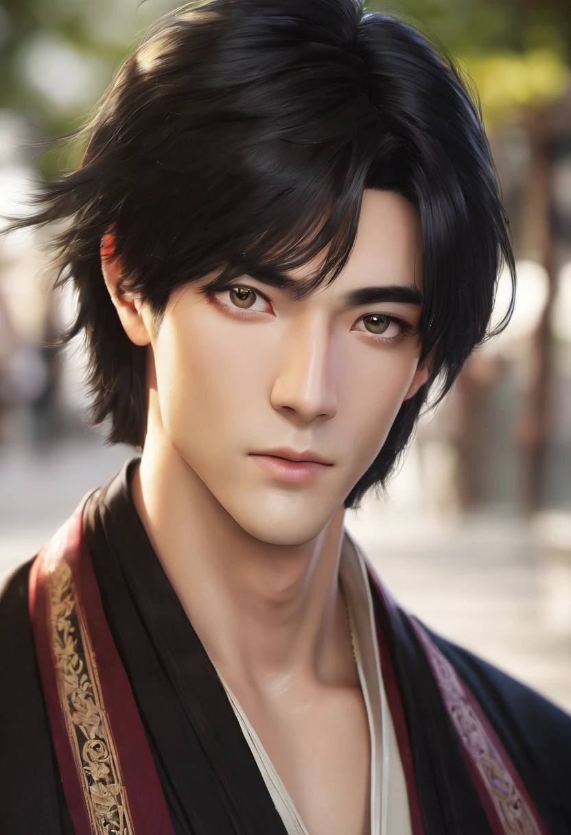 Black haired male, narrow eyes, high quality, salt face, no beard, long hair