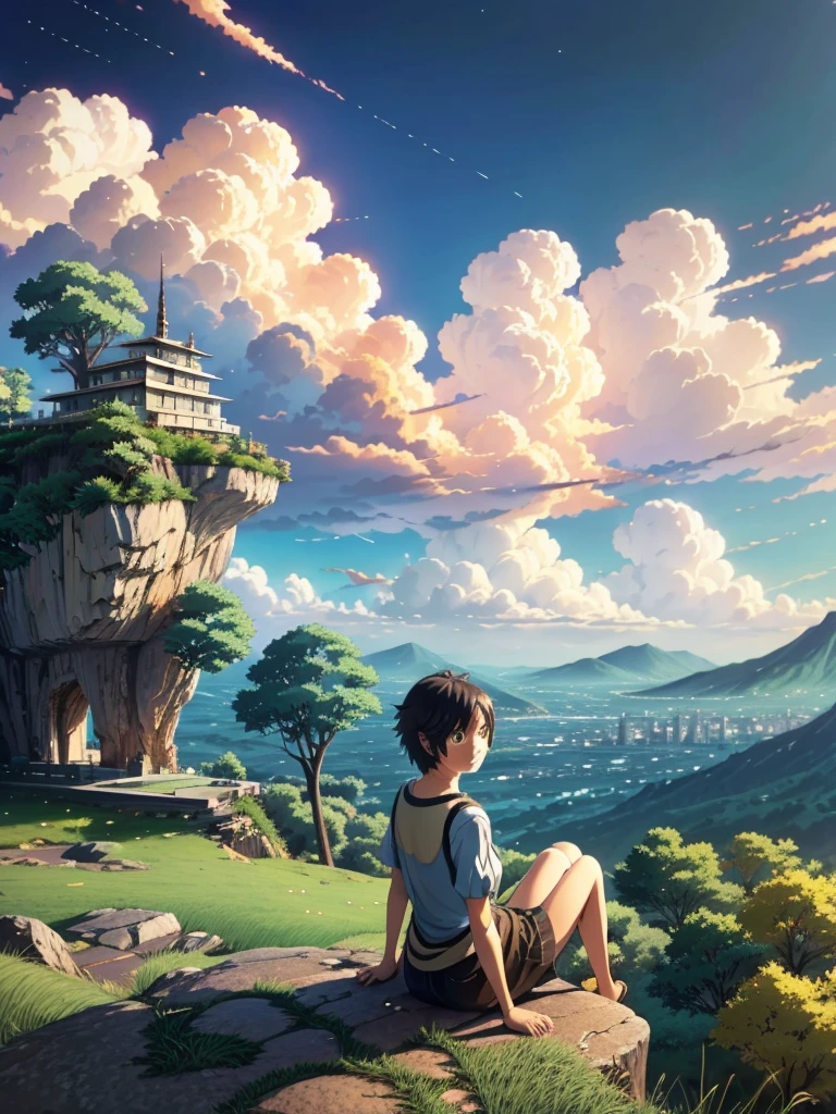 Anime girl sitting on a rock looking at the sky,A tower piercing the sky in the distance, makoto shinkai cyril rolando, anime art wallpaper 4k, anime art wallpaper 4k, Cyril Rolland and Goro Fujita, Anime Art Wallpapers 8K, 4k anime wallpaper, anime wallpaper 4k, anime wallpaper 4k, ( ( Makoto Shinkai ) ), Makoto Shinkai!