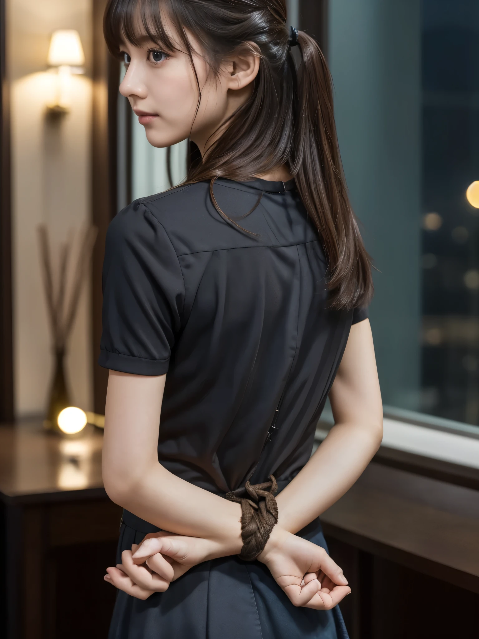 Kidnapped Woman、His hands are tied、((Place your hands behind your back))、((Place your hands together and cross them behind your back))、(((Her wrists are tied with rope)))、shibari、Beauty、２０age、university student、(anatomicaly, Has two arms and two hands)、In a hotel room with the lights on、Stand by the window、Outside the window is the night sky、There are many stars、Wearing a short-sleeved blouse、Wear a high school student-style miniskirt、Uniform eyes、Proportioned proportions、Small breasts、Small face、(I can see from head to heel), Black Hair, bangs, swept bangs, Straight hair, Nervous, Messy Hair, Floating hair, Cinema Lighting, tachi-e, First-person view, throw, From behind, F/1.2, Nikon, Surrealism, 超High resolution, Highest quality, High resolution, 8k, Textured skin, anatomicaly正しい体,
