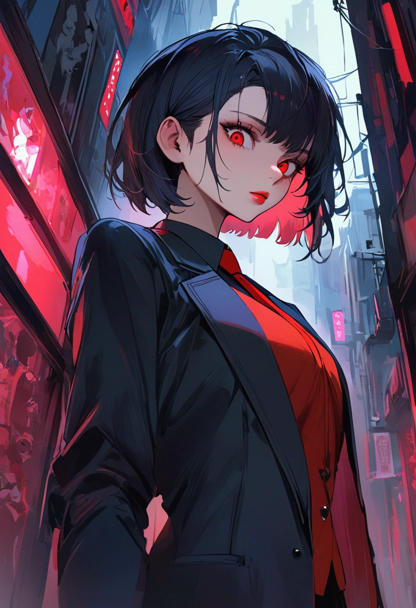 a woman in a suit, looking down at viewer with sharp eyes, she is lightining a cigarette, beautiful, red eye, black hair, wolf hair cut, low angle view