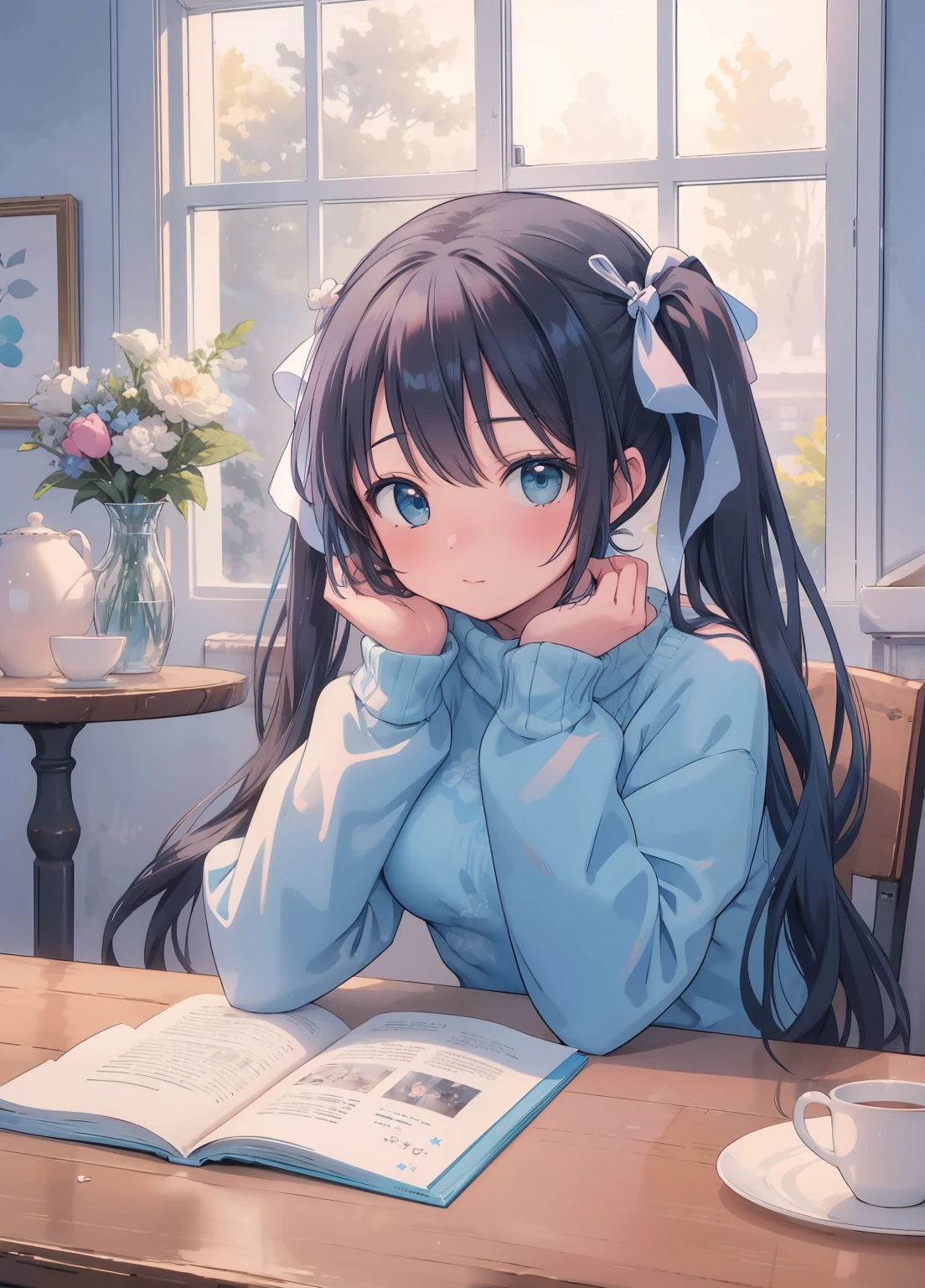 (masterpiece、Highest quality、Highest quality、Official Art、Beautiful and beautiful:1.2)、(One girl:1.3)Hatsune Miku、Twin tails,Beautiful breasts, Katsushika Hokusai,masterpiece, Highest quality,Queen, One girl, alone, Long Hair, window, Sitting, indoor, table, Sleeves are longer than the wrist, Cafe, Hair Ribbon, Headrest, Mouth closed, Blue sweater, Upper Body
