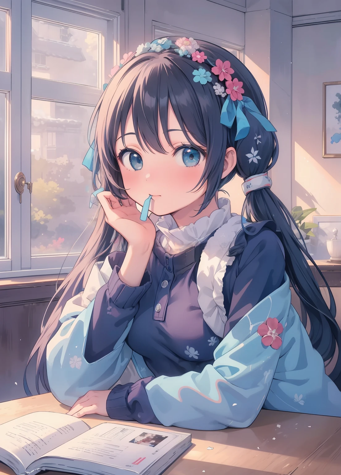 (masterpiece、Highest quality、Highest quality、Official Art、Beautiful and beautiful:1.2)、(One girl:1.3)Hatsune Miku、Twin tails,Beautiful breasts, Katsushika Hokusai,masterpiece, Highest quality,Queen, One girl, alone, Long Hair, window, Sitting, indoor, table, Sleeves are longer than the wrist, Cafe, Hair Ribbon, Headrest, Mouth closed, Blue sweater, Upper Body