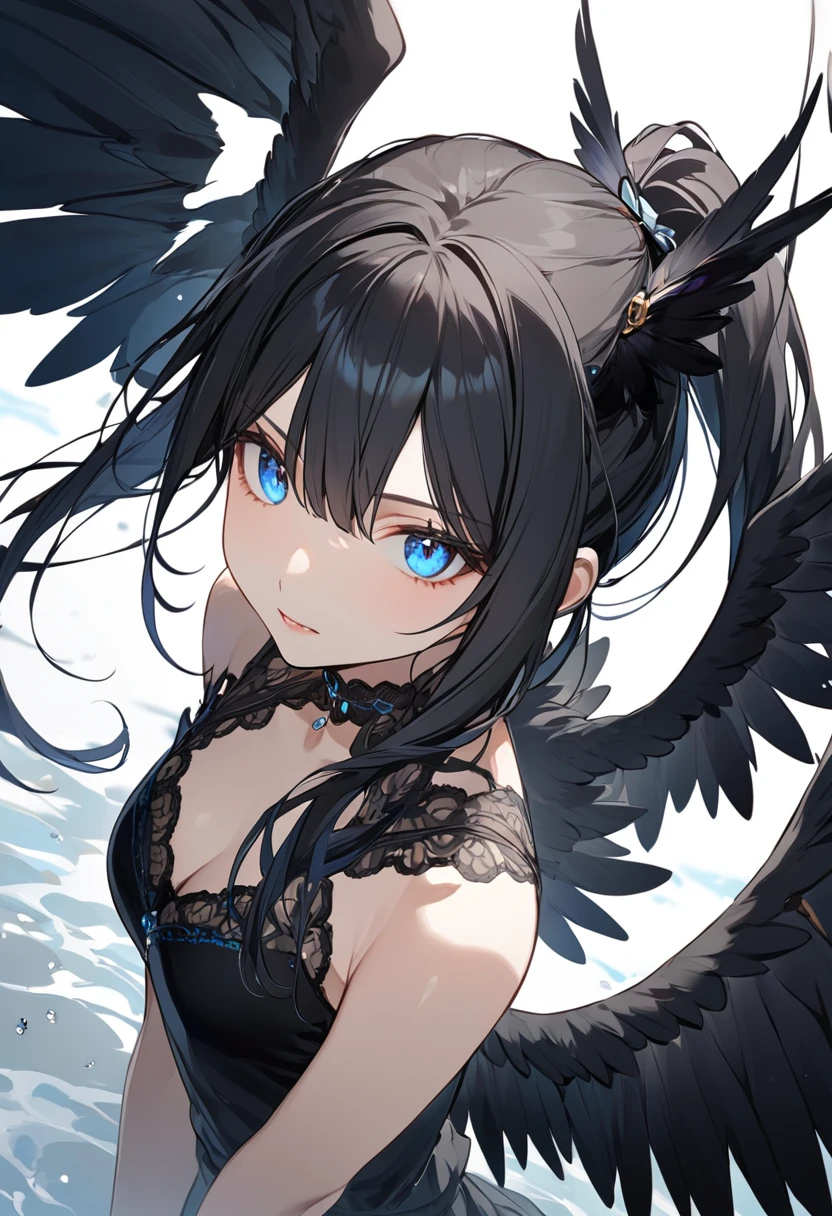 girl, blue eyes, black hair, black wings,