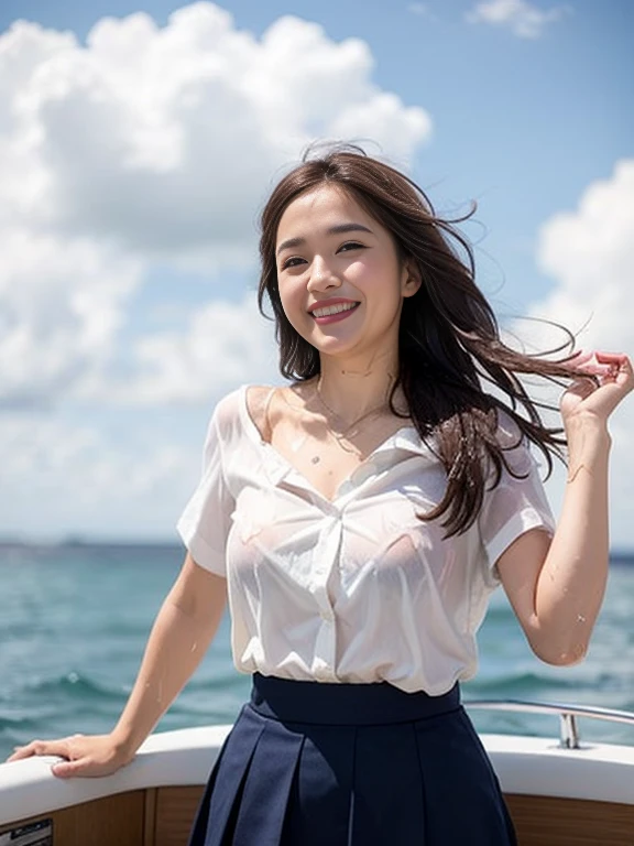 Gray background、pubic hair、Large Breasts、Thighs、Red lipstick、Cute woman、high school girl、White shirt、(Navy blue skirt)、smile、Open chest shirt、(A wet shirt showing through your underwear)、Wet Hair、Gazing at the sea、smile、On the boat、Raising his arms、Looking from below、Cloud、