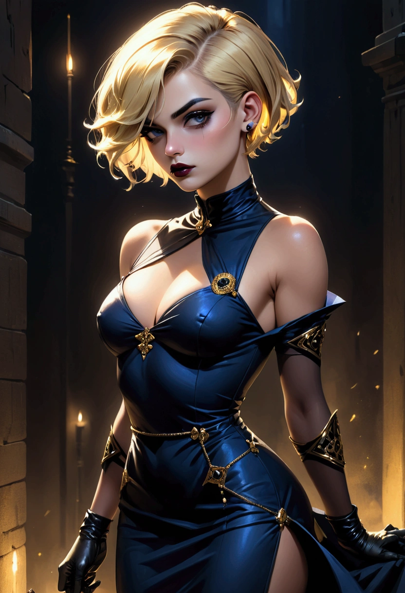 ((artwork, 8K, low light)), 1 woman, alone, Italian ethnicity, short feminine undercut hair swept to the side of the face, serious expression, blonde hair color, black eye color, dark blue lipstick lips, wearing black sexy dress with gold details, wearing two black gloves, wearing two brown sandals.