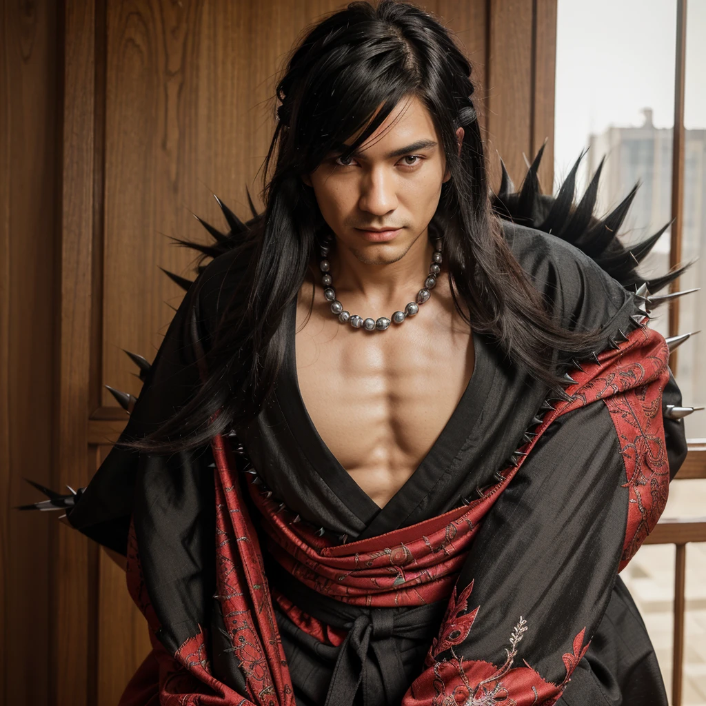 High resolution, sharp focus, obra teacher of pixiv, ((intricate details)), Very detailed, Yasuri_it will come, 1 chico, male, striped bead necklace, black fur, (spiky hair:1.1), Horse tail, very long hair, Red clothes, Red clothes abierta, simple kimono, In addition