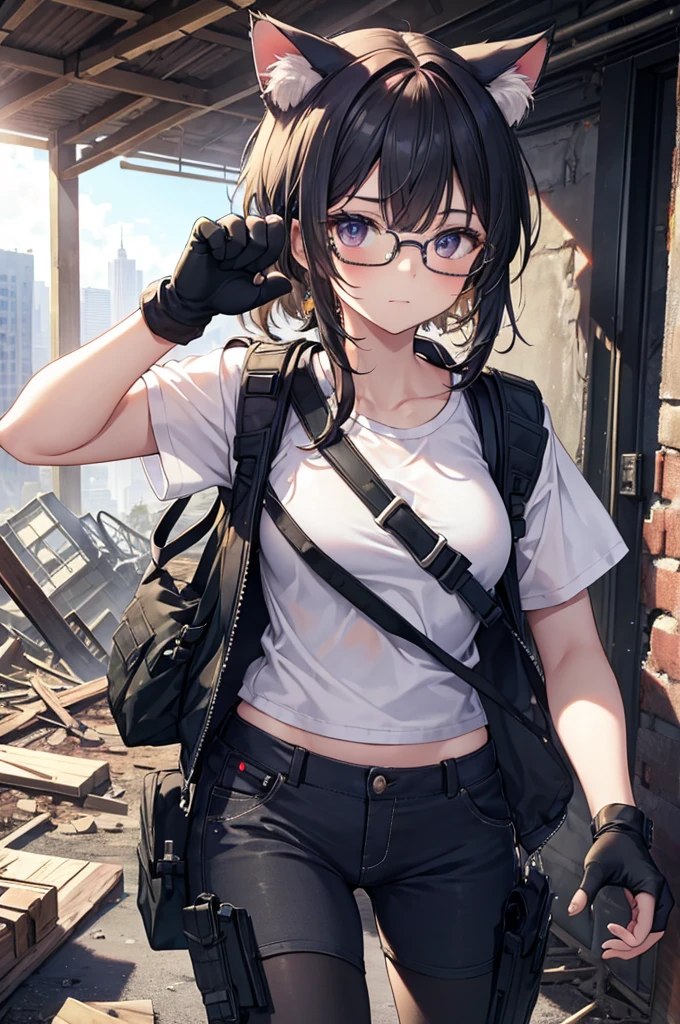 masterpiece, absurdres, best quality, extremely detailed eyes and face, natural skin texture, detailed skin, (perfect fingers, perfect hands), post-apocalypse, ruins city, collapsed buildings, dirty building, a lot of rubble, summer, sunshine,
BREAK
cute girl, glasses, (paw gloves:1.2), cat ears, cat tail, running, (military vest, camouflage), white t-shirt, short pants
