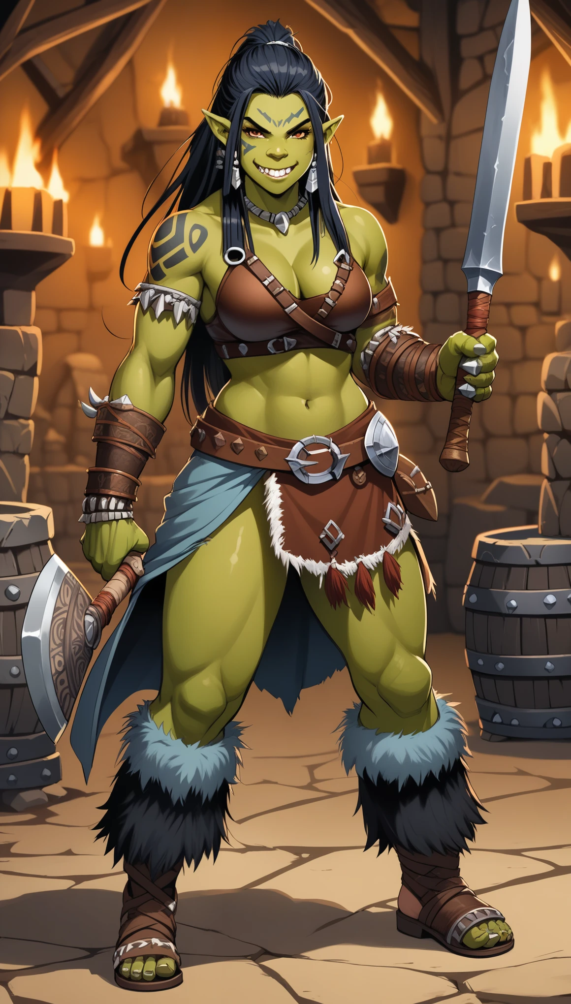 (1woman, female, solo), (half orc:1.5), (brown skin:), tall, tusks), (muscular, grin), (long blue black hair, dreadlock haircut),
(Dungeons and Dragons, character), (Warrior),
(Barbarian tattoos, tribal barbarian pants, barbarian armor, boots), (holding object, holding iron club),
(tribal arena place background),
8K, RAW, best quality, ((masterpiece, best quality)), ultra high res, colorful, (medium wide shot), full body, (dynamic perspective), sharp focus, (depth of field, bokeh:1.3), extremely detailed eyes and face, beautiful detailed eyes,