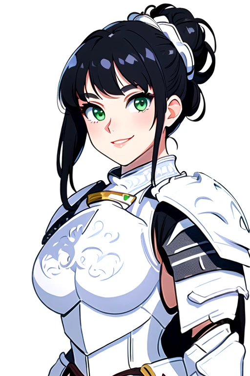 (masterpiece, Highest quality),One girl, 18-year-old, White, Green Eyes, Perfect Eyes, Perfect Iris, The perfect student, Perfect Lips,Perfect Nose, Perfect hands, Very fine hand, Perfect Fingers, ((Black Hair: 1.1)), ((updo: 1.1)), Hair Bun, (Medieval Armor), ((White armor: 1.7)), ornate hairpin, ((Simple Background: 1.2)), Detailed professional photos of beautiful women, Upper Body, ((have confidence)), (Pause:Looking into the camera), (tsurime: 1.2), Smile