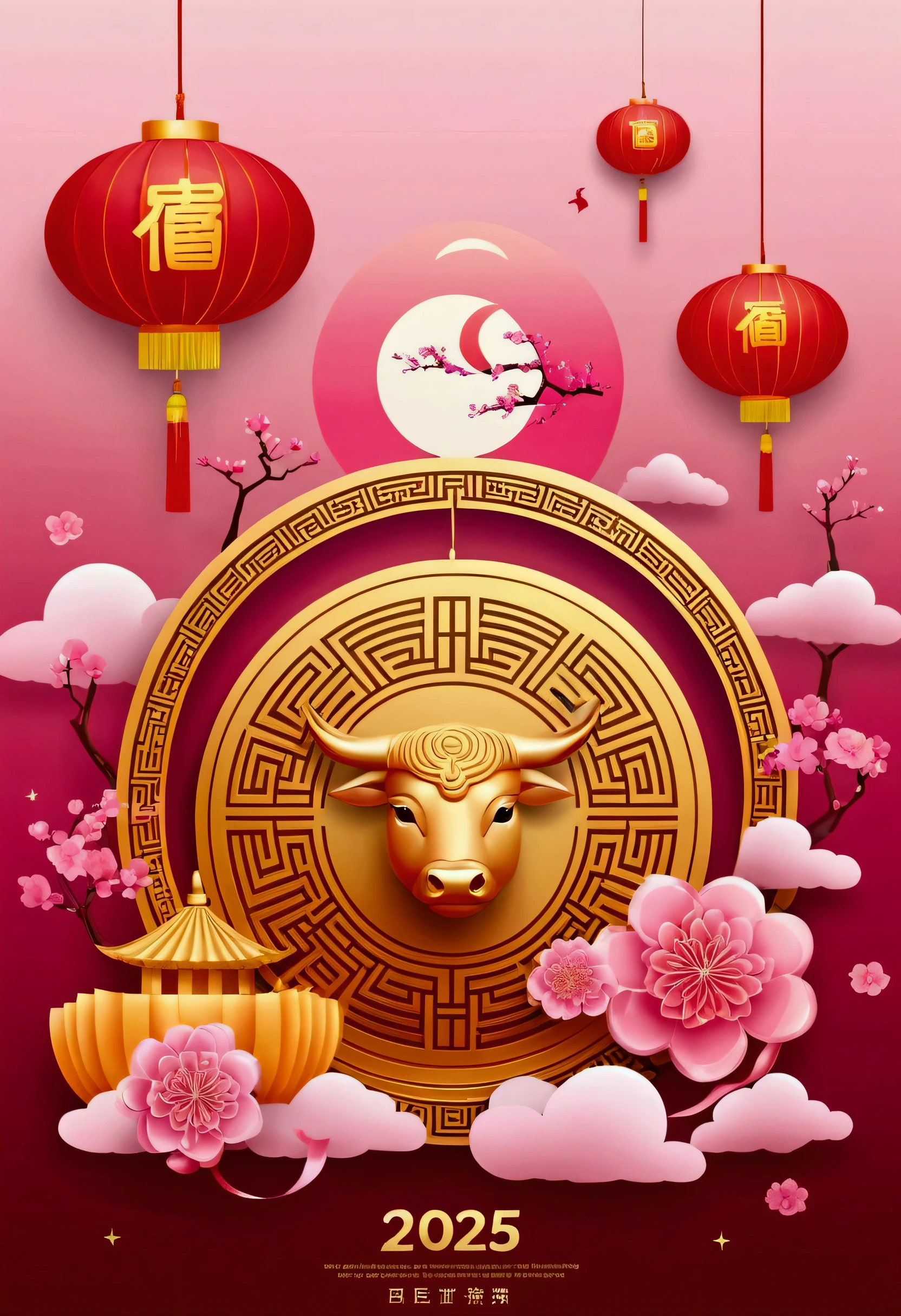Chinese Traditional, New Year 2025 Banner, Year of the ox, lantern, happiness template, Moon，Moon icon，Two-dimensional style，Mid-Autumn Festival，Moon cake，Gift ribbons，Pink light bar,No Man，No Man