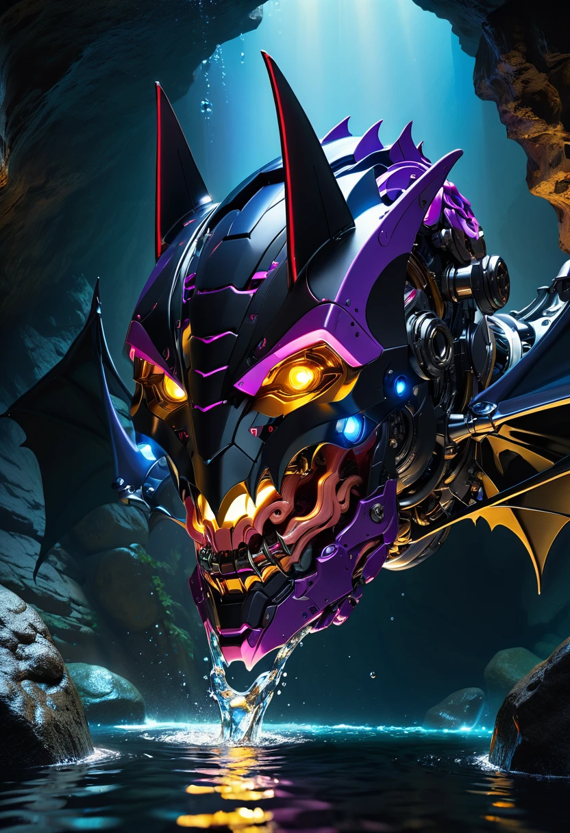 a portrait of a ((mechanical bat: 1.2)) in a dark cave, an epic mecha bat ((full body: 1.5)), ((anatomically correct: 1.5)), (ultra detailed face: 1.2), yellow eyes, mechanical eyes, glowing eye, blacj and purple wings, mechanical wings, in the dark rock cave, there is a stream of water, dark cave background, vibrant, Ultra-high resolution, High Contrast, (masterpiece:1.5), highest quality, Best aesthetics), best details, best quality, highres, 16k, (ultra detailed: 1.5), masterpiece, best quality, (extremely detailed) RAW, (ultra details, Masterpiece, best quality), nijimecha