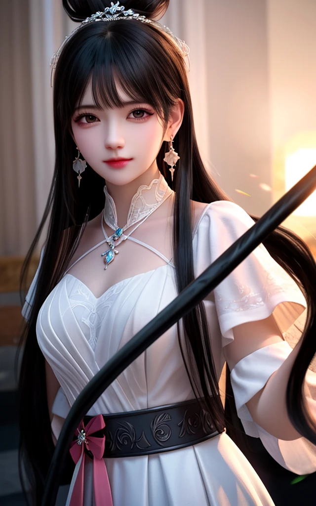 Best quality, masterpiece, high resolution, CG,
1 girl, weapon, long whip, long hair, dress, water, solo, jewelry, white dress, earrings, hair accessories, splash, upper body, bun, black hair,
Lighting, frankness, photo, high resolution, 4k, 8k, bokeh, close-up