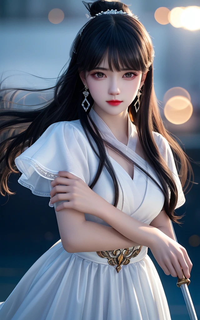 Best quality, masterpiece, high resolution, CG,
1 girl, weapon, long whip, long hair, dress, water, solo, jewelry, white dress, earrings, hair accessories, splash, upper body, bun, black hair,
Lighting, frankness, photo, high resolution, 4k, 8k, bokeh, close-up