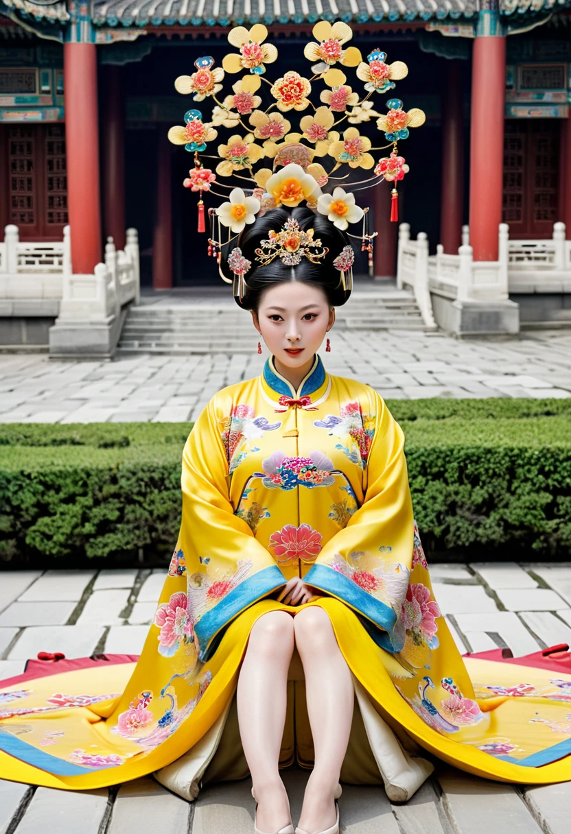 A Qing dynasty empress with her legs raised and spread apart. On the stone pavement outside the Chinese palace. Qing dynasty empress. A Chinese empress wearing a large crown. Her hair is decorated with a large hair ornament with gorgeous flowers and a large crown.
Her hair is tied pulled up. The background is the stone paving outside the Qing Dynasty.