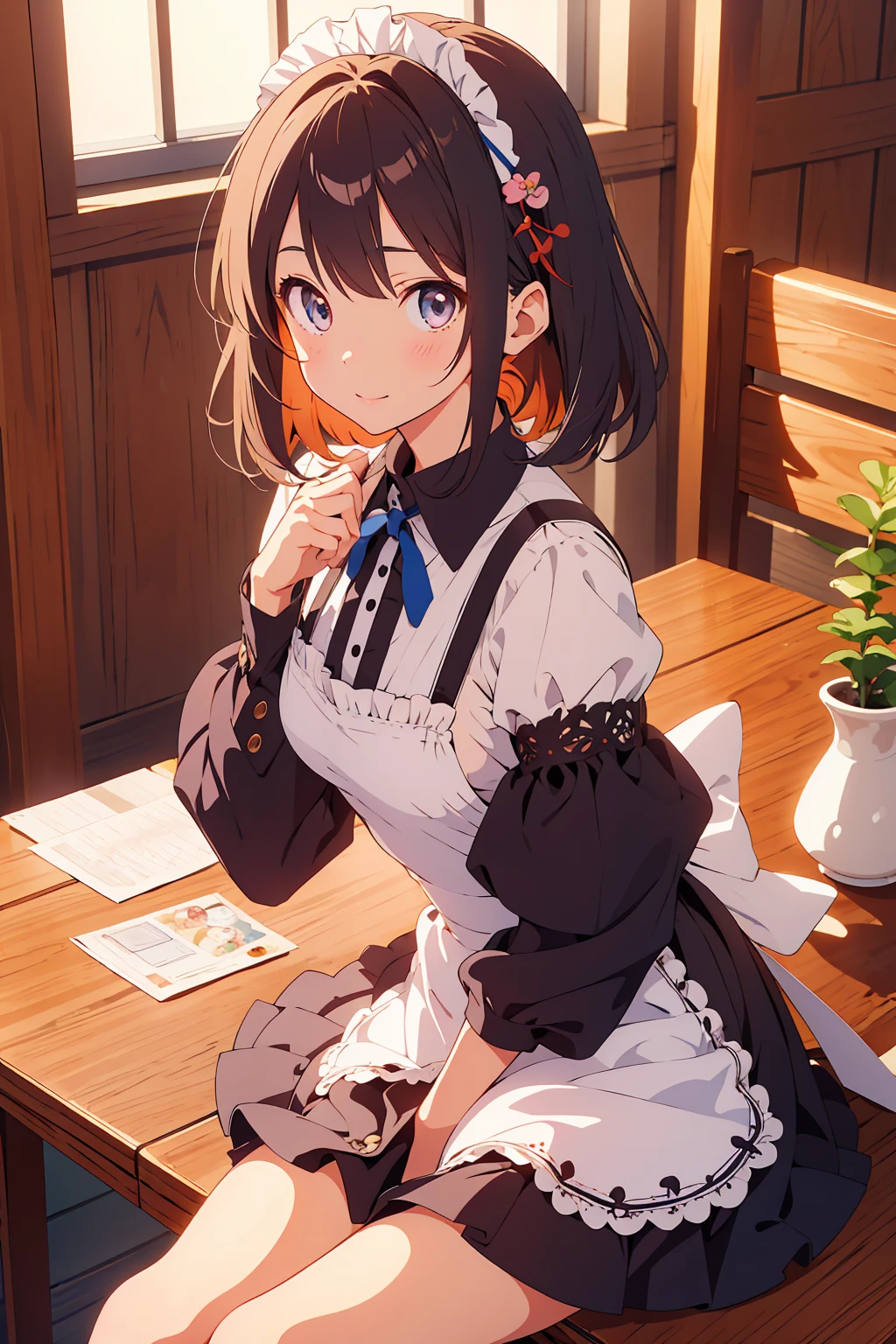 (Highest quality,Tabletop:1.2),(Anime Style,Comic Core:1.1),One Girl,Cute Style,Adorable,Highly detailed eyes,Highly detailed face,Very fine hair,About Hipdar,8k,solve,Maid,Maid服,