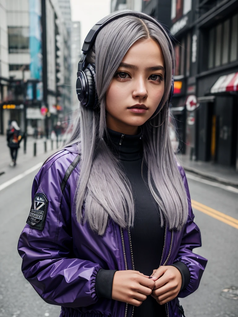 One girl, Gray Hair, Long Hair, Techwear masterpiece, Highest quality, Realistic, realism, Dark purple jacket, Portraiture, Detailed eyes, Wearing the headset, Platinum Hair, 21 year old girl, Fashion pose, Half Body, Wide shot, on the road, cyber punk