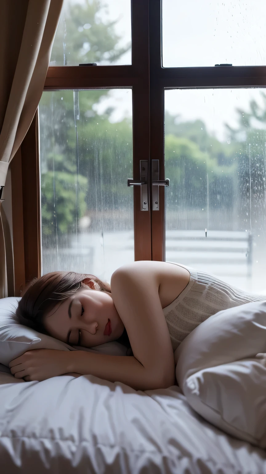 Beautiful woman sleeping in bed,night,Dim lighting,Large windows without curtains,The window is on the left,rain,Vision ,The whole room