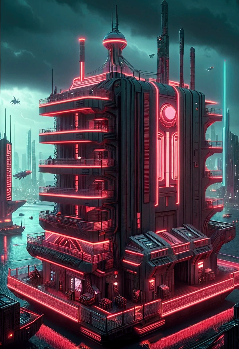 Photo of a huge dystopian secret facility, futurist, blade runner style, apocalypto, grey sky, a huge ship (Space freighter) floating around the structure, tem enormes edifícios futurists ao redor das instalações, the buildings have neon lights on, there are thousands of beautiful girls walking the streets, há carros futurists com luzes rosa neon ao seu redor, Alien Environment, as realistic as possible, award winning artwork.