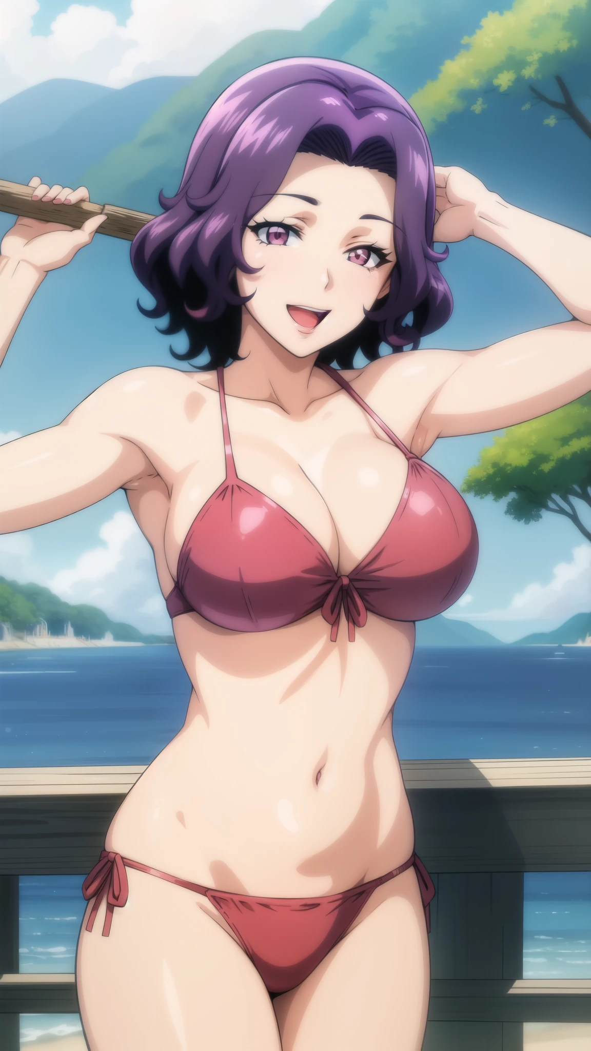 best quality, (masterpiece:1.2), highly detailed, standing, beach, mature woman,
1girl, solo, hamaoka azusa,
looking at the viewer, open mouth, smile,
purple eyes, purple hair, short hair,  red bikini, show both armpits, sweaty body, 