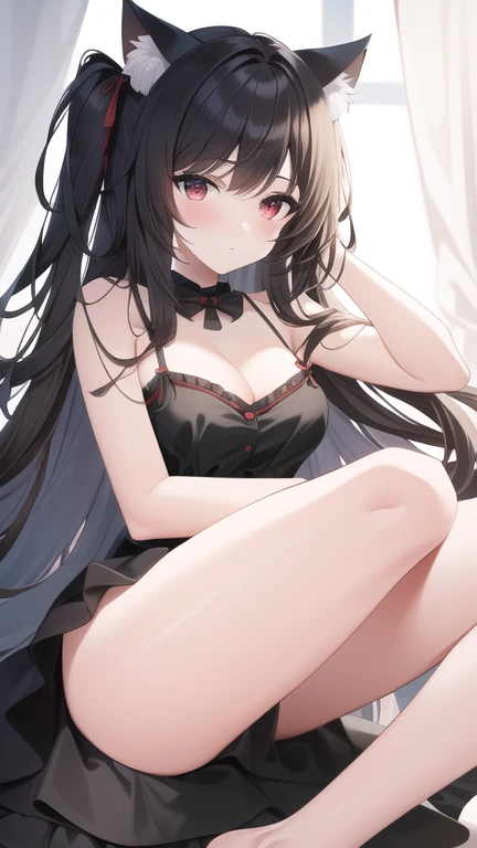 (8k) (High resolution) (Best Quality) (masterpiece) nicole_in_cheered up,1 girl, Red eyes, cat girl, cat ears, cat's tail, For the blue, huge breasts,inhite shirt, Skirt, kitchen, holding the knife, nude