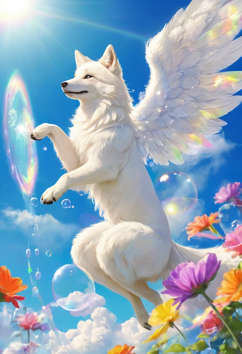 White fox, The background is blue sky, Large and small soap bubbles, Rainbow angel wings, Low - Angle Colorful flowers shining in the sun