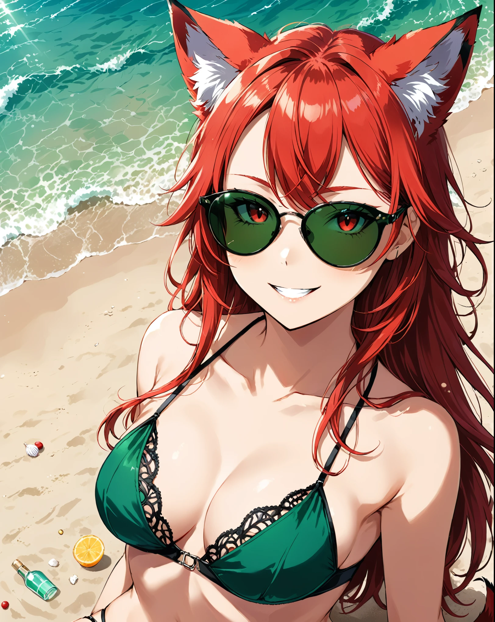 1catgirl, cat ears, (red long hair)) , eyes focus. oversaturated green eyes,sunglasses over the hair. 50% transparent green sunglasses over the hair. wear an open green shirt that shows a black intricate bikini. Bare shoulders, crop top, Portrait, full_body_shot. Medium breast. Super detailed. Perfect anime red eyes. Natural pose. She has a devil smile, she's OP overpowered . red fox tail. she's at the beach, background is partially blurred, accent colors. she is sitted by the sea, cocktails on hand, wink and cute smile. perfect body, sexy