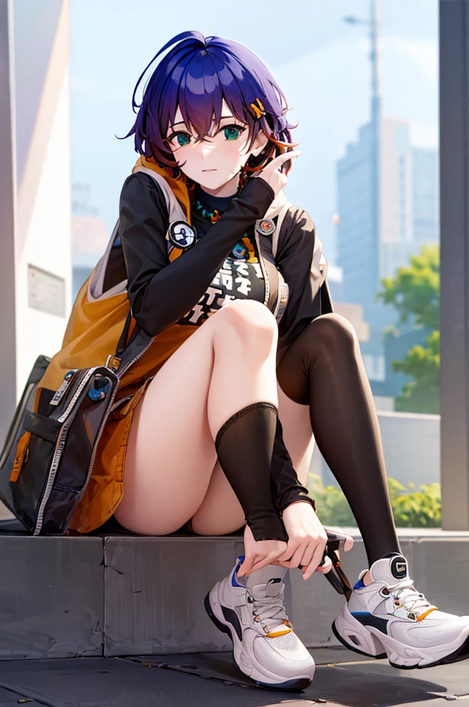 (masterpiece), best quality, expressive eyes, perfect face, sneakers, one sock, one black stocking, gray skirt, one fingerless glove, audio player on belt, unbuttoned jacket, green pendant, black T-shirt, orange hairpin, short blue hair, BelleZZZ, 1girl, solo