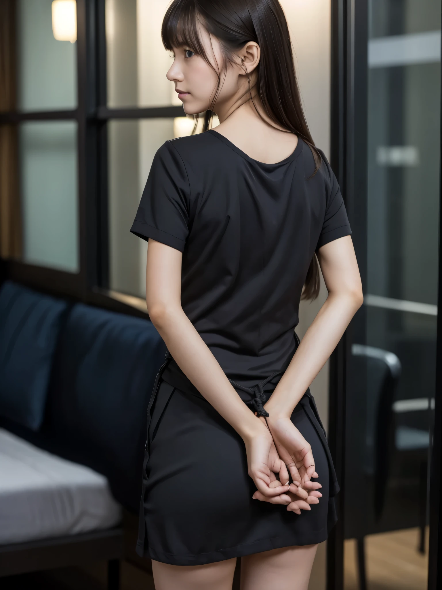 Woman、His hands are tied、((Place your hands behind your back))、((Place your hands together and cross them behind your back))、(((Her wrists are tied with rope)))、shibari、Beauty、20age、university student、(anatomicaly, Has two arms and two hands)、In a hotel room with the lights on、Stand by the window、Outside the window is the night sky、There are many stars、Wearing a short-sleeved blouse、Wear a high school student-style miniskirt、Uniform eyes、Proportioned proportions、Small breasts、Small face、(I can see from head to heel), Black Hair, bangs, swept bangs, Straight hair, Nervous, Messy Hair, Floating hair, Cinema Lighting, tachi-e, First-person view, throw, From behind, F/1.2, Nikon, Surrealism, 超High resolution, Highest quality, High resolution, 8k, Textured skin, anatomicaly正しい体,