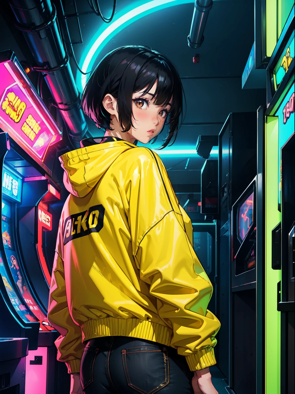 woman, Arcade game environment, 8k resolution, 12 p.m, Neon color, Highlighted yellow jacket with patch, the 90s, Shadow, reflection, South Korea, Fong on hand, Wide open path, I turn around, Black Hair, short hair, Brown eyes, rosy blush under the eyes,, Medium-sized lips