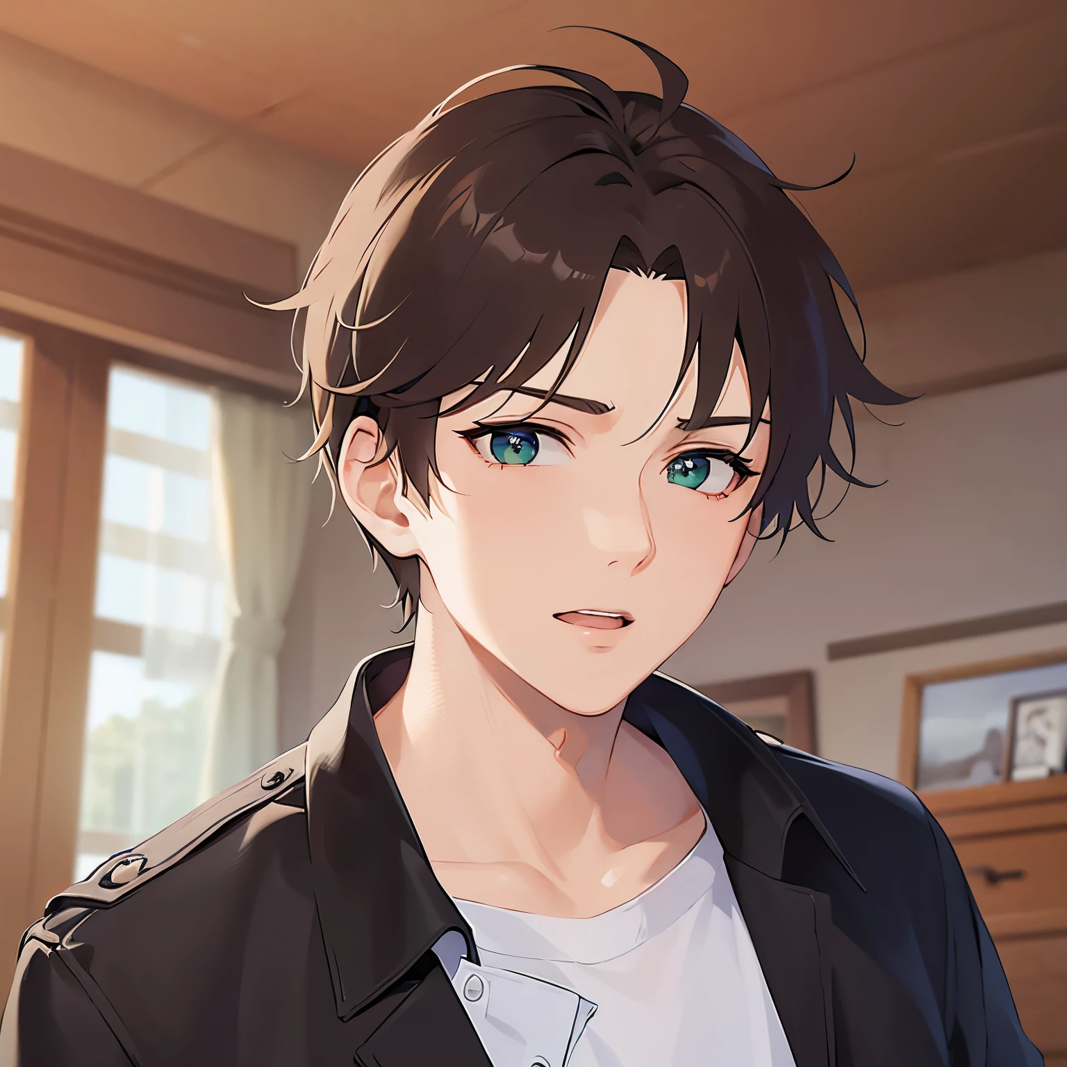 BREAK (25-year-old male:1.5) and (Mahogany brown short hair) and (Green Eyes)BREAK,masterpiece、Highest quality、Are standing、close-up,
Black long sleeve shirt、
Serious,open mouth,The background is the living room、(alone:1.5)