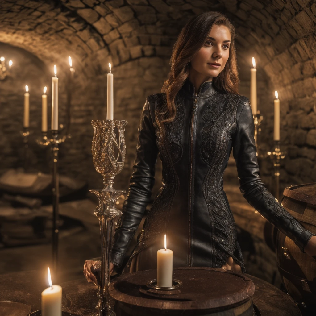 photo of S146_ZiennaEve, a gorgeous woman, in a (wine-cellar:1.2), wearing a (leather-dress:1.2), (candle-lights), (8k, RAW photo, best quality, depth of field, ultra high res:1.2), (absurdres, intricate, photorealistic, masterpiece, ultra-detailed:1.3)