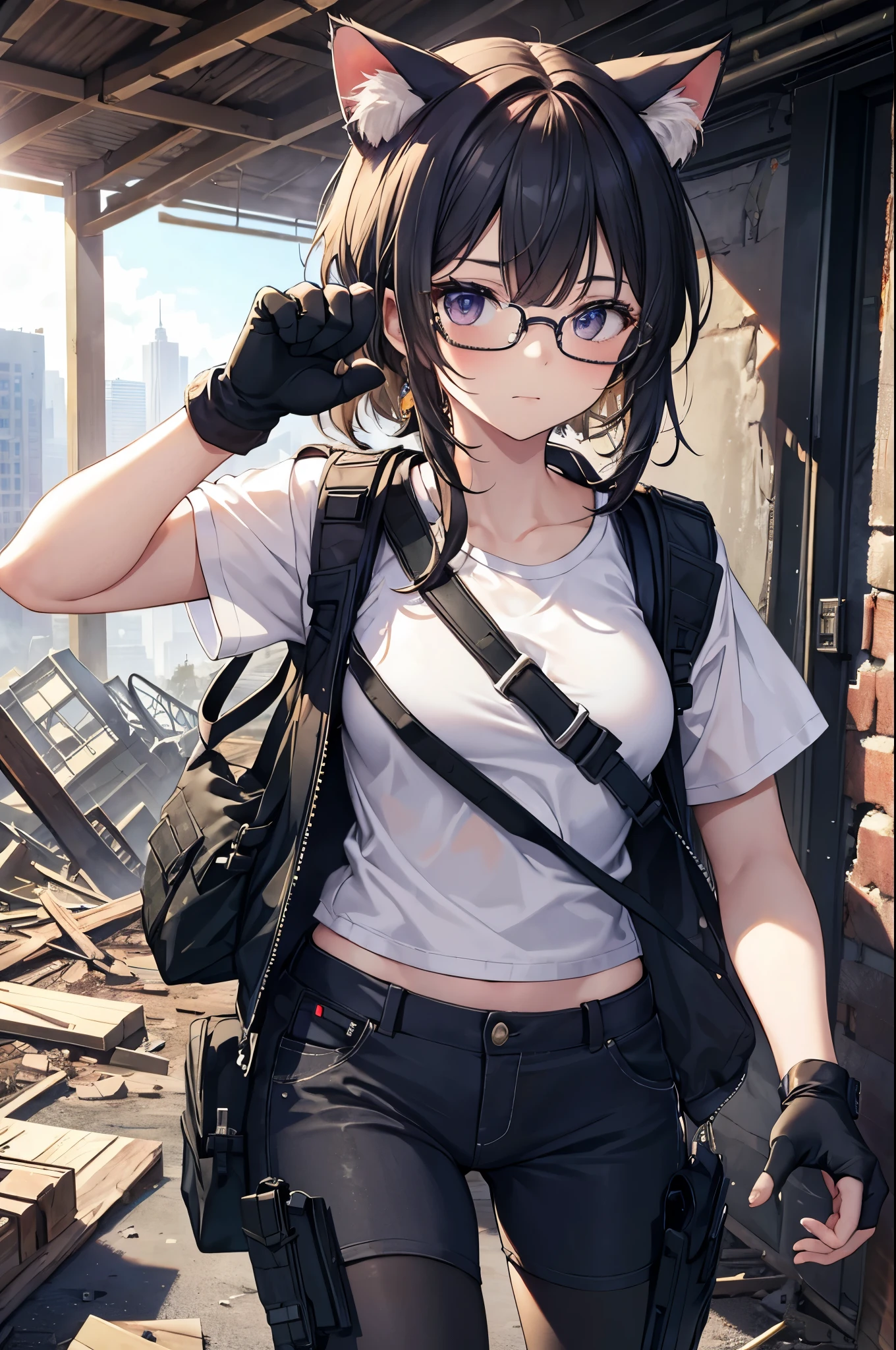 masterpiece, absurdres, best quality, extremely detailed eyes and face, natural skin texture, detailed skin, (perfect fingers, perfect hands), post-apocalypse, ruins city, collapsed buildings, dirty building, a lot of rubble, summer, sunshine,
BREAK
cute girl, glasses, (paw gloves:1.2), cat ears, cat tail, running, (military vest, camouflage), white t-shirt, short pants