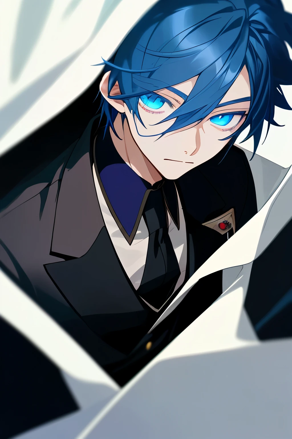 A close up of an anime boy with blue eyes and dark blue hair, wearing a black prince-like suit
