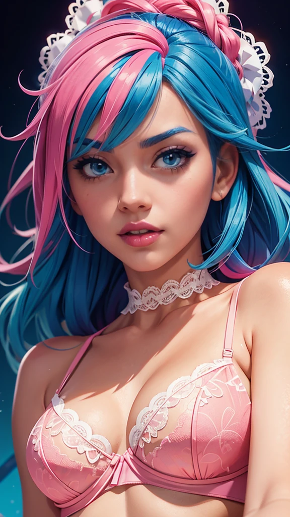  The image features a vibrant and lively anime character with striking blue hair and pink lips, who is wearing a white lace bra and has a playful and inviting pose.