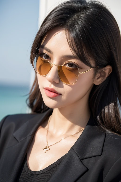 Could you change the dressing for her, and remove the sunglasses. (make her more attractive)