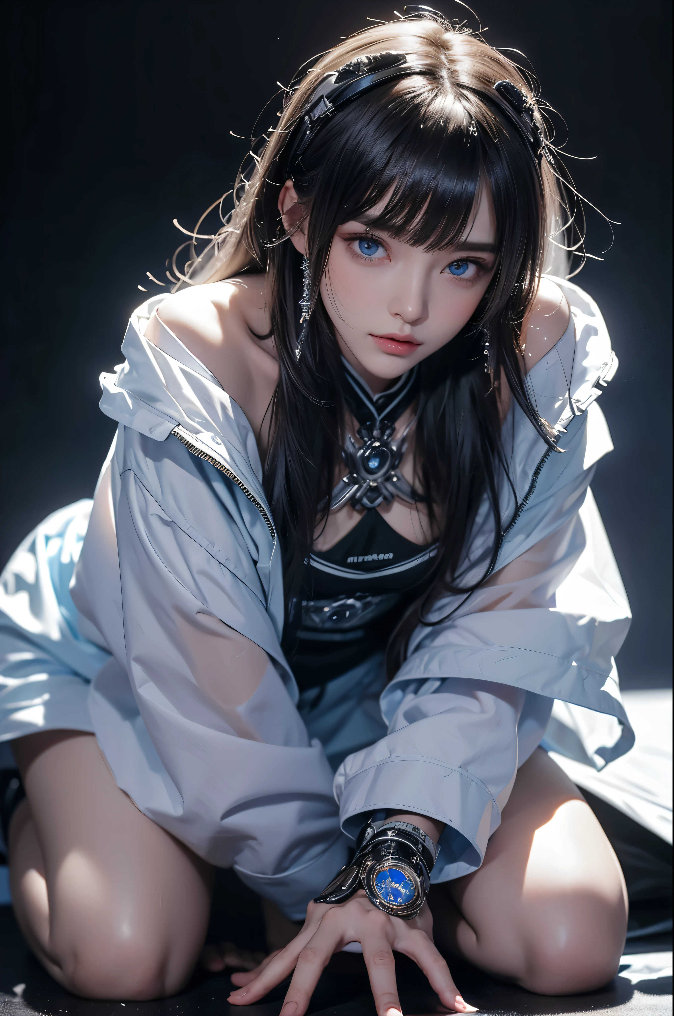 masterpiece, Highest quality, Very detailed, To the camera, Very detailed, Realistic, Sharp features, Very detailed, Sharp focus, Perfect Face, Perfect Face, Perfect symmetry and perfect eyes, Perfect Plump Lips, Flexible female form, cinematic, Film Light, Very detailed, hyper Realistic, masterpiece, Atmospheric, High resolution, Vibrant, Dynamic Studio Lighting, ((Dark Background)), The expression when enduring pleasure, Straight bangs, Blue eyes,Kneeling with hands on crotch、Butt、Sexually aroused expressions、No clothes、NSFW,((top quality、8k、masterpiece:1.3))Wears a silver-white mech，girl with delicate face，Highest image quality，Ultra-clear，Delicate and clear facial features，end of the world，Mechanical arm，Exquisitely detailed mechanical pattern,Cyberpunk characters、numbercity、number、century、throne