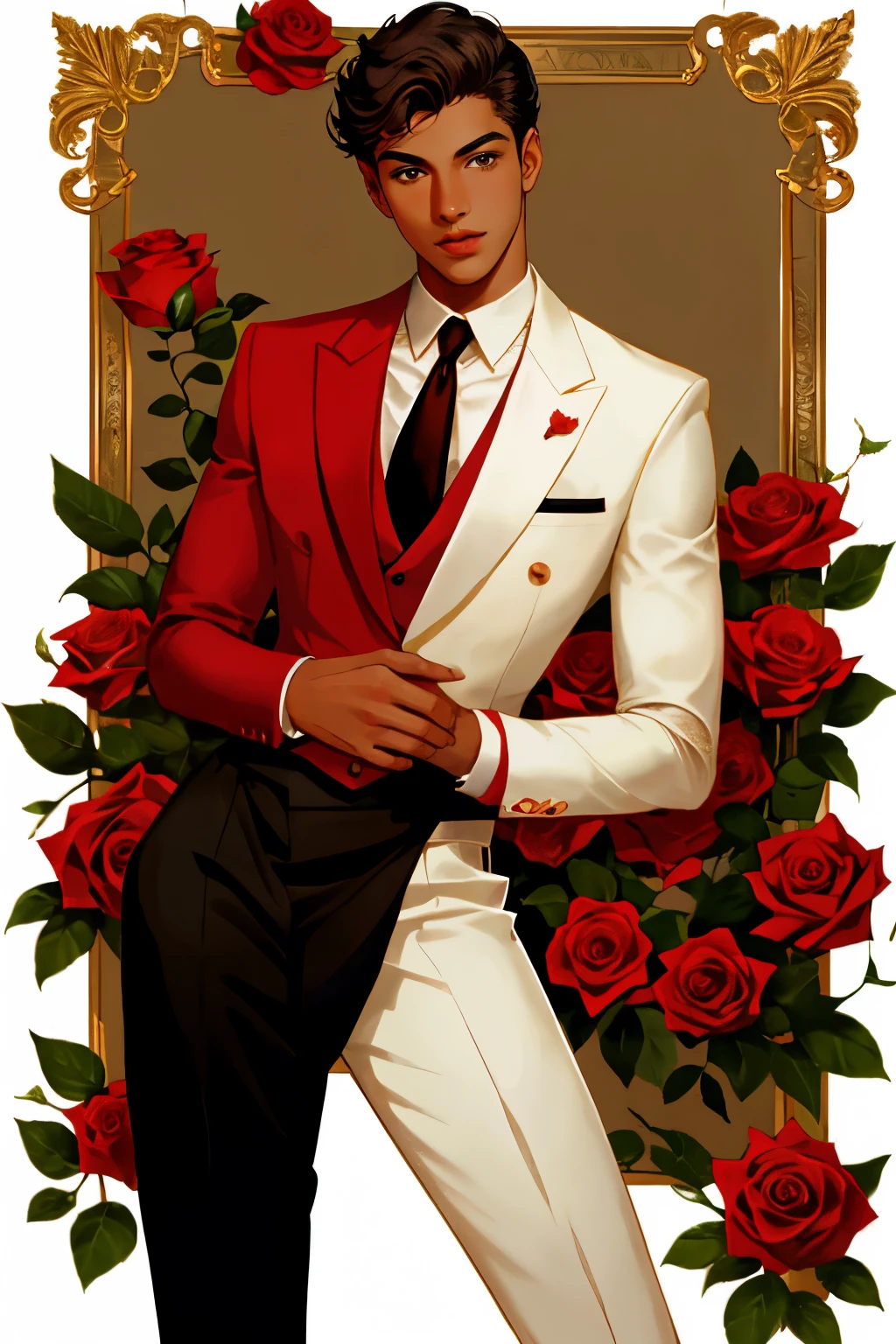 Portrait of a fancy teenage male, , and tan skin, have a fancy and modern design of clothes, Red, brown skin, giving a Marilyn Monroe Vibe, Sedductive beautiful male with beautiful roses and buquet