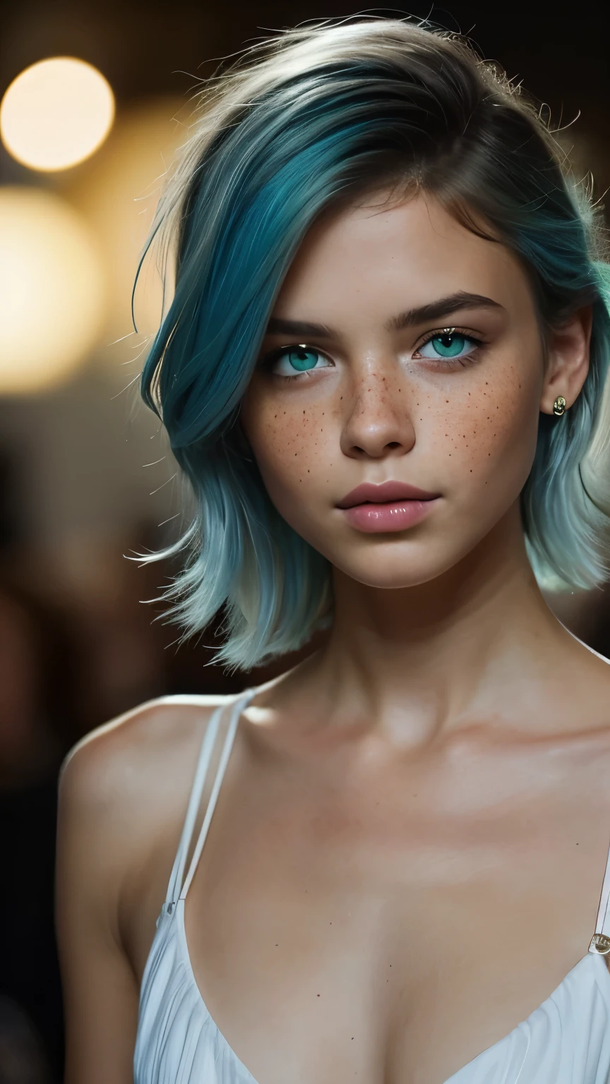 elegant, detailed fashion model runway walk, (confident runway strut), ((glamorous catwalk backdrop)), (feminine), (((blue hair))), ((alluring facial expression)), ((exquisitely detailed facial features)), ((perfect eyes)), extremely detailed painting, intricate, painterly brush strokes, ((Bastien Lecouffe-Deharme art style)), 8k wallpaper, nikon, trending on Artstation, trending on CGSociety, midjourney art, (sensual), (((green eyes))), ((freckles))