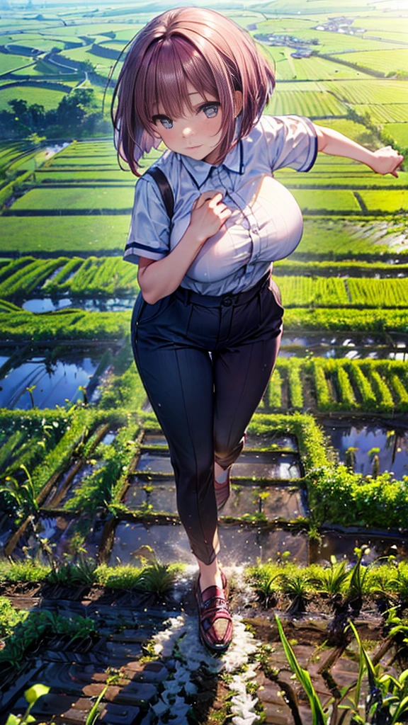 (((Background countryside rice fields))、Big Breasts、Plump、girl、Dark pink hair、Bob Hair、White shirt、Hemming your trousers、(((Action forward bending)))((Rice planting)),((Planting rice))