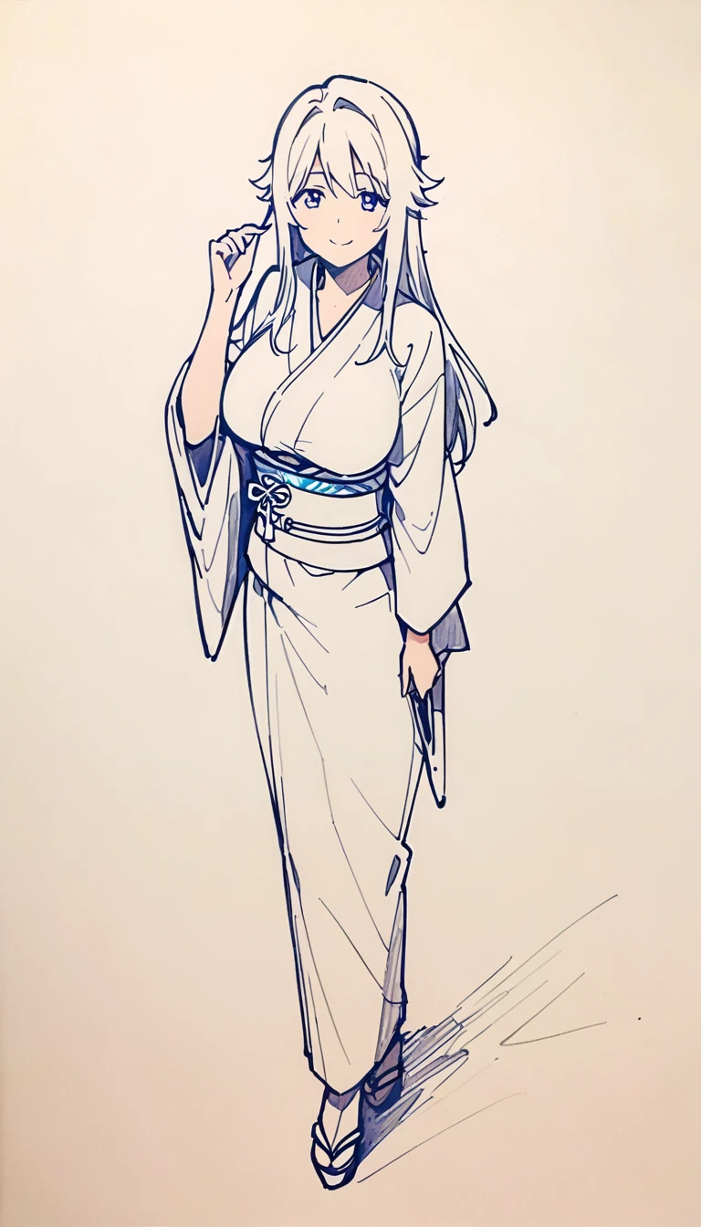1 ,Line drawing,monochrome,（sketch:1.5、pattern、pencil drawing:1.5、board:1.5）,board，traditional media, whole body,look up,Cold Background ,(Wearing a Kimono） ,Smile，Long hair，Clothing Model，Large Breasts