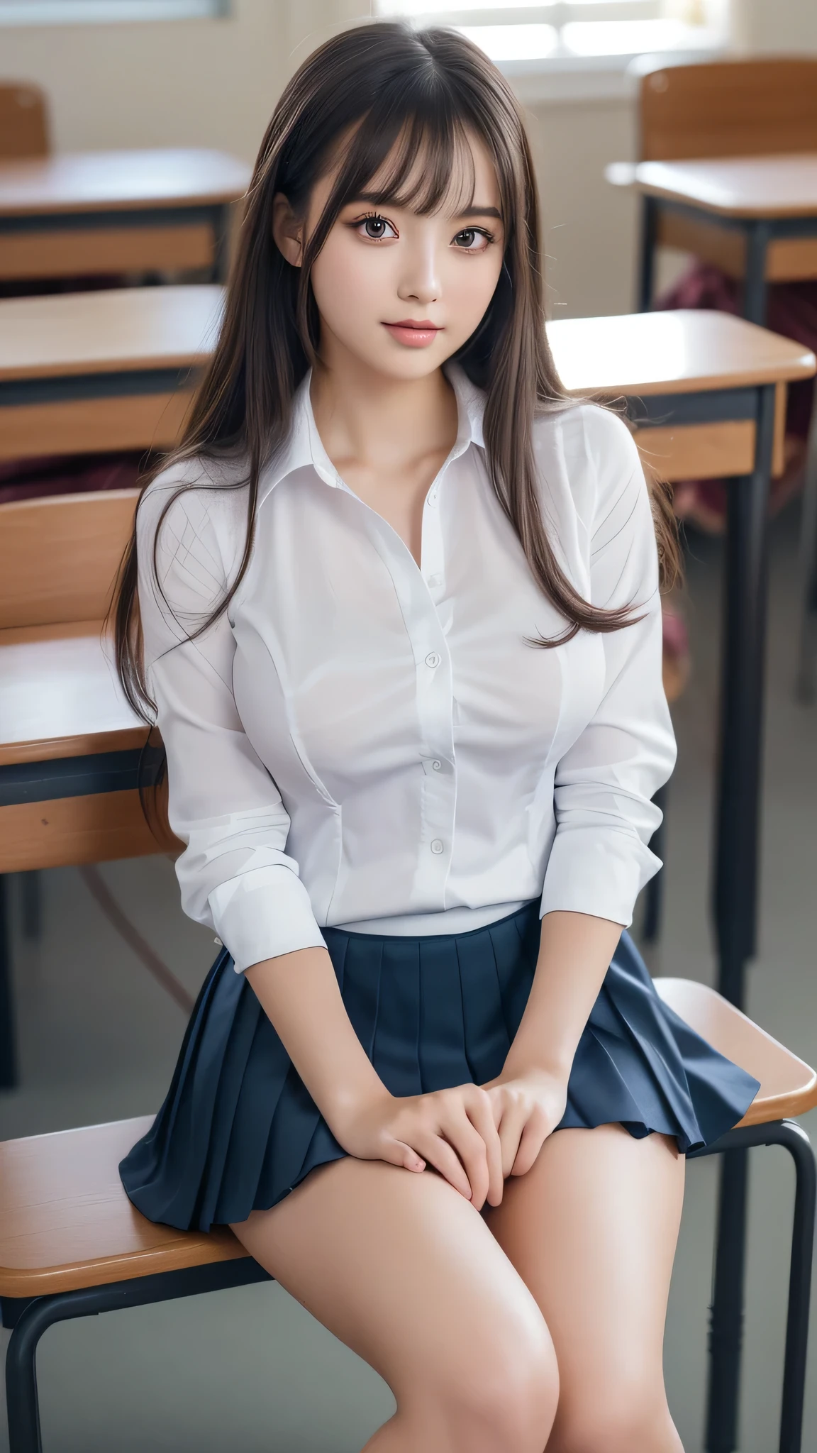 (1girl), kawaii, (Best Quality:1.4), (Ultra-detailed), (extremely detailed CG unified 8k wallpaper), Professional Photography, (hi-school uniform, pleated mini skirt:1.3), (hi-school uniform with wide open breasts:1.3), depth of fields, School, classroom, (sitting:1.3), (masterpiece,:1.4), professional photography, (spread legs, pussy), (no panties:1.2), (fine face:1.2),