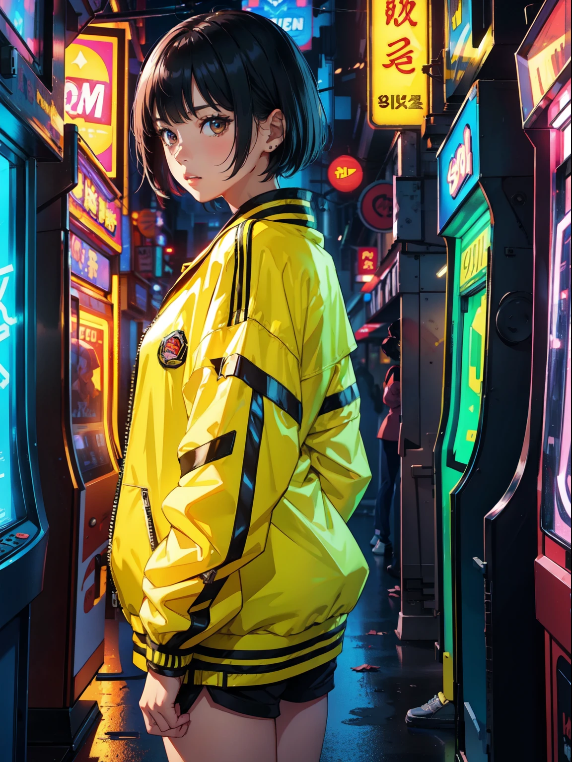 woman, Arcade game environment, 8k resolution, 12 p.m, Neon color, Highlighted yellow jacket with patch, the 90s, Shadow, reflection, South Korea, Fong on hand, Wide open path, I turn around, Black Hair, short hair, Brown eyes, rosy blush under the eyes,, Medium-sized lips