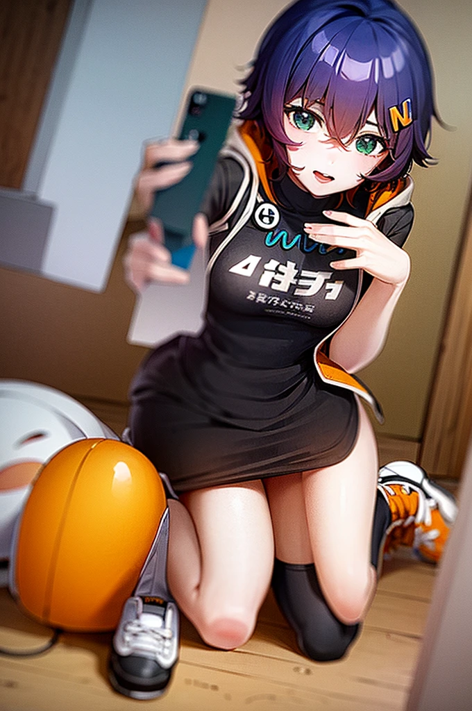 (masterpiece), best quality, expressive eyes, perfect face, sneakers, one sock, one black stocking, gray skirt, one fingerless glove, audio player on belt, unbuttoned jacket, green pendant, black T-shirt, orange hairpin, short blue hair, BelleZZZ, 1girl, solo