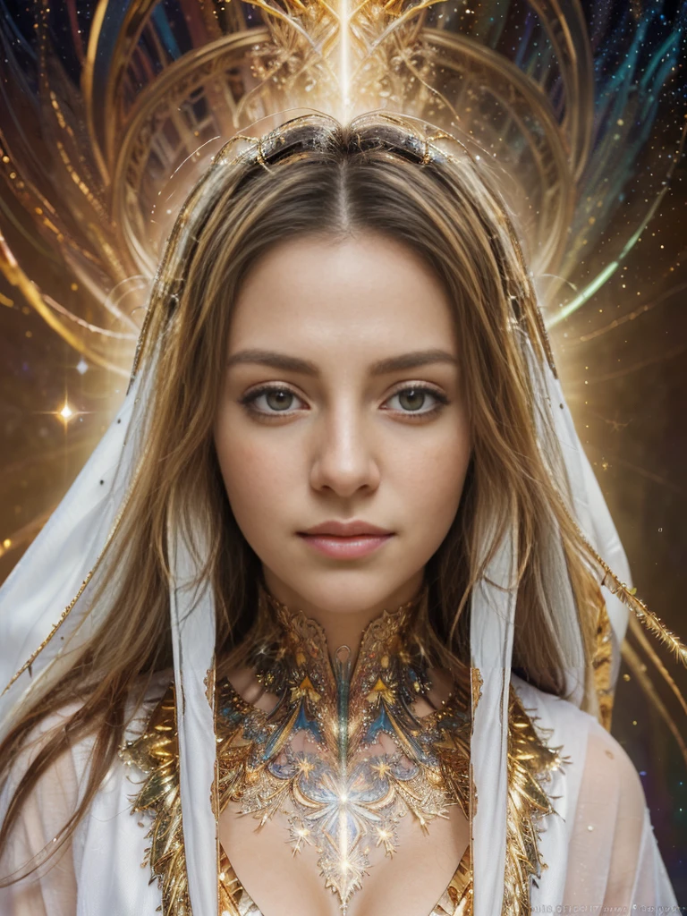 (masterpiece, top quality, best quality, official art, beautiful and aesthetic:1.2), (1girl), extreme detailed eyes, (fractal art:1.3), colorful, highest detailed, (perfect face), shiny skin, HDR, (white cloak golden lines:1.2), galaxy, (light streaks), striking visuals, (dynamic streaks, luminous trails:1.2), vibrant colors, (phoenix), (dragon)